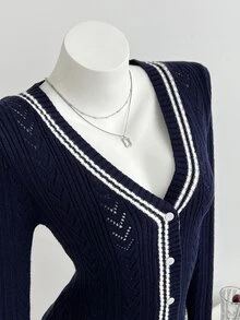 Elamini Women's Striped Color-Block Perforated Asymmetrical Design V-Neck Cable Knit Long Sleeve Cute Campus Style Cozy Knit Cardigan Sweater, Autumn/Winter - Navy Blue - View 7