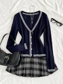 Elamini Women's Striped Color-Block Perforated Asymmetrical Design V-Neck Cable Knit Long Sleeve Cute Campus Style Cozy Knit Cardigan Sweater, Autumn/Winter - Navy Blue - View 1