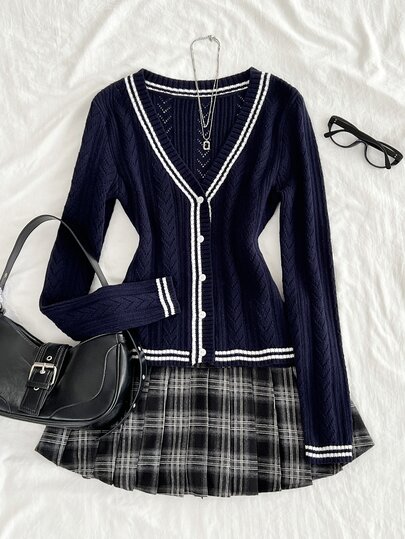 Elamini Women's Striped Color-Block Perforated Asymmetrical Design V-Neck Cable Knit Long Sleeve Cute Campus Style Cozy Knit Cardigan Sweater, Autumn/Winter