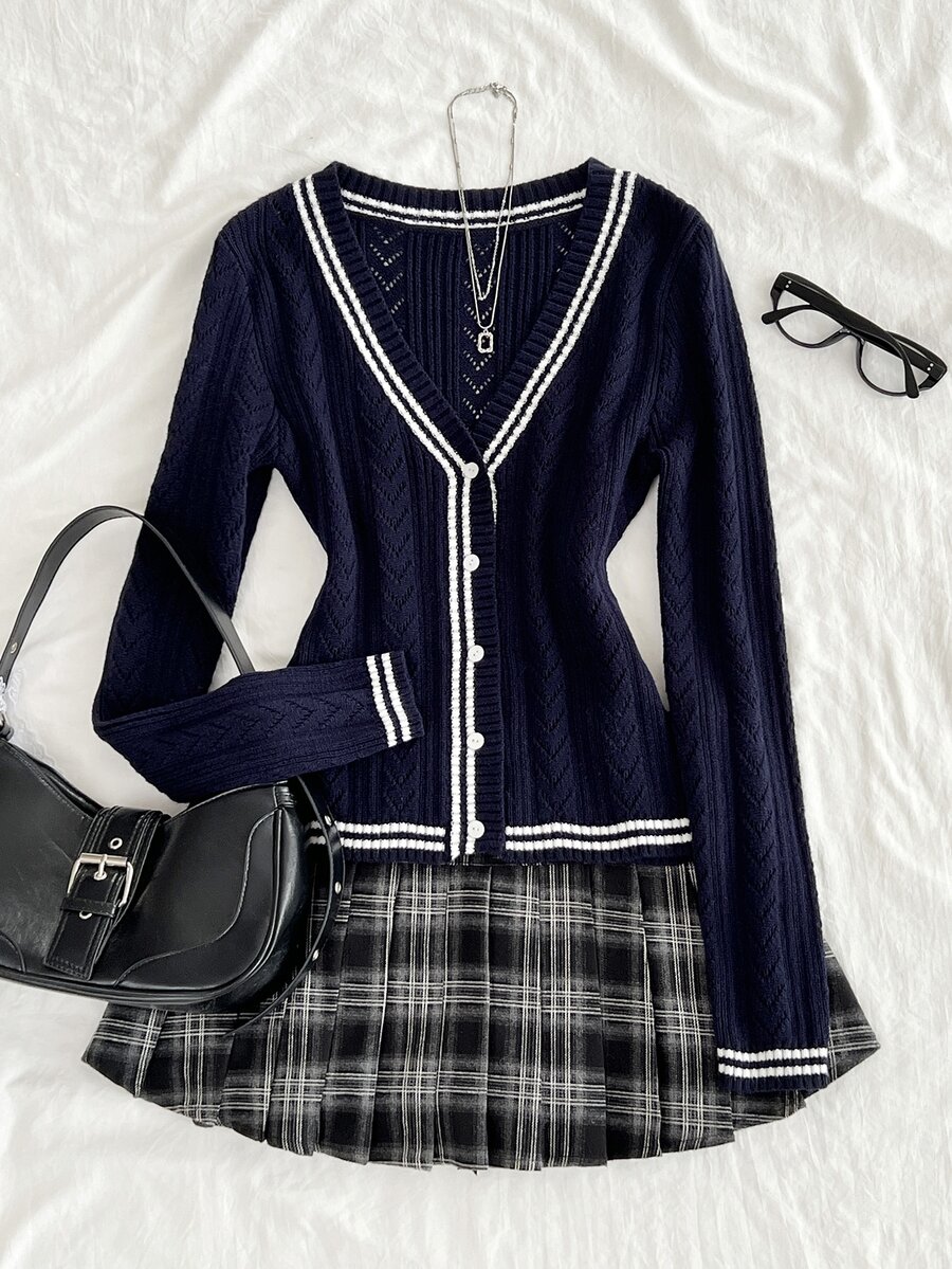 Elamini Women's Striped Color-Block Perforated Asymmetrical Design V-Neck Cable Knit Long Sleeve Cute Campus Style Cozy Knit Cardigan Sweater, Autumn/Winter - Navy Blue - View 1