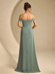 Coutiva Women's 3D Floral Decor Off-Shoulder Elegant Formal Evening Gown (Heavy Craftsmanship Style) - Green - View 3