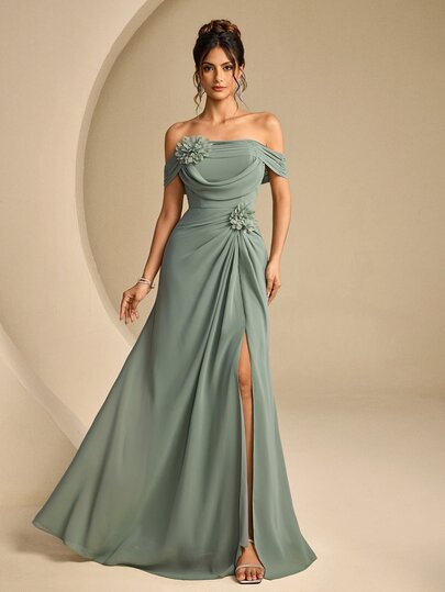 Coutiva Women's 3D Floral Decor Off-Shoulder Elegant Formal Evening Gown (Heavy Craftsmanship Style)