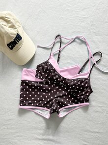 SHEIN Swim 2件組女款比基尼泳衣，藍黃圖案波點條紋泳褲，波希米亞度假風，波西米亞風，健身套裝，悠閒Y2K復古休閒可愛甜美復古海灘女款泳衣套裝，泳裝，春夏季精選，海灘穿搭，時尚穿搭，美國日穿搭，海灘裝 - 彩色 - 查看 4