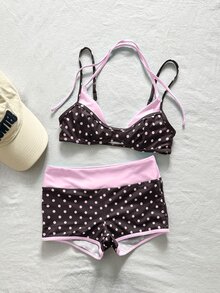 SHEIN Swim 2件組女款比基尼泳衣，藍黃圖案波點條紋泳褲，波希米亞度假風，波西米亞風，健身套裝，悠閒Y2K復古休閒可愛甜美復古海灘女款泳衣套裝，泳裝，春夏季精選，海灘穿搭，時尚穿搭，美國日穿搭，海灘裝 - 彩色 - 查看 6