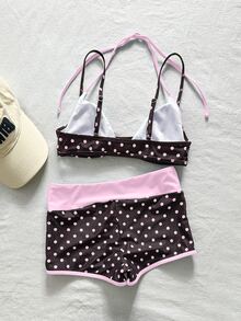 SHEIN Swim 2件組女款比基尼泳衣，藍黃圖案波點條紋泳褲，波希米亞度假風，波西米亞風，健身套裝，悠閒Y2K復古休閒可愛甜美復古海灘女款泳衣套裝，泳裝，春夏季精選，海灘穿搭，時尚穿搭，美國日穿搭，海灘裝 - 彩色 - 查看 5