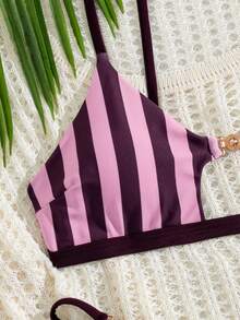 SHEIN Swim 女士夏季海灘性感度假金屬配件細肩帶丁字褲性感比基尼套裝 - 彩色 - 查看 3