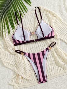 SHEIN Swim 女士夏季海灘性感度假金屬配件細肩帶丁字褲性感比基尼套裝 - 彩色 - 查看 2
