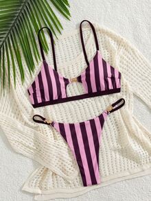 SHEIN Swim 女士夏季海灘性感度假金屬配件細肩帶丁字褲性感比基尼套裝 - 彩色 - 查看 5