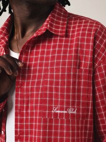 SUMWON Club Red Checked Long Sleeve Button-Front Collared Shirt With Chest Pocket And Embroidered Logo Detail - Red - View 1