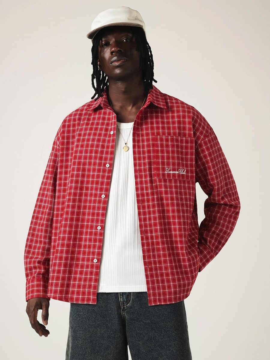 SUMWON Club Red Checked Long Sleeve Button-Front Collared Shirt With Chest Pocket And Embroidered Logo Detail - Red - View 1