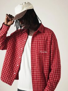 SUMWON Club Red Checked Long Sleeve Button-Front Collared Shirt With Chest Pocket And Embroidered Logo Detail - Red - View 3