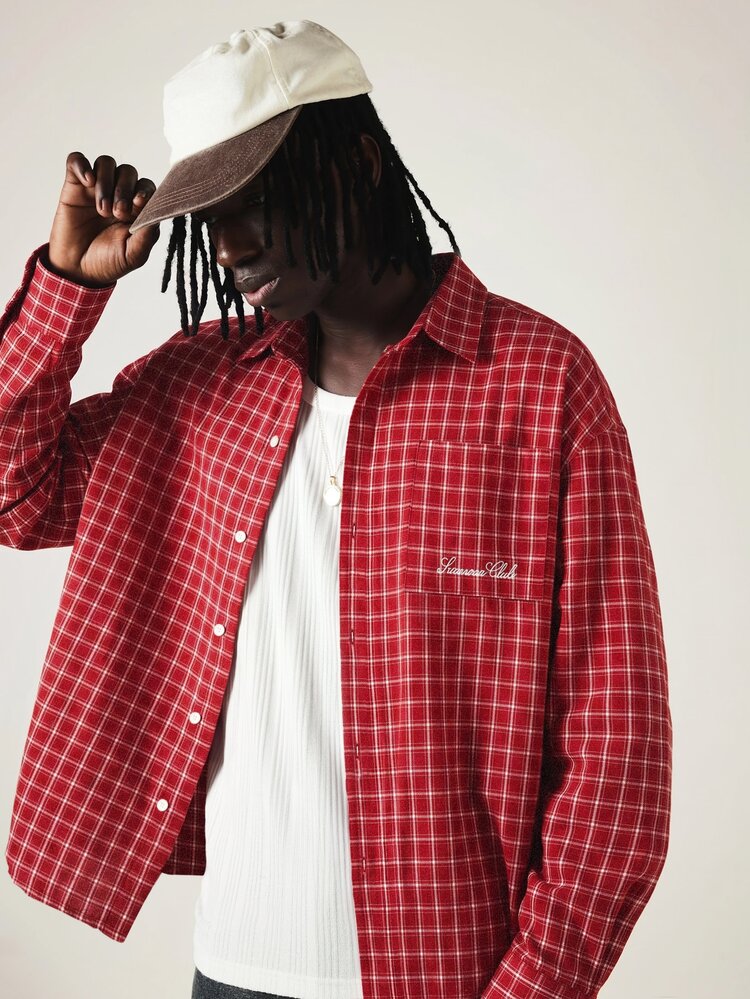 SUMWON Club Red Checked Long Sleeve Button-Front Collared Shirt With Chest Pocket And Embroidered Logo Detail - Red - View 3