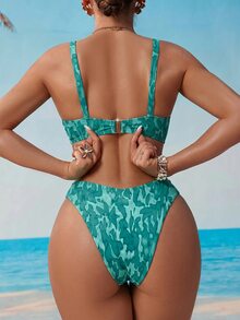 Swim DD+ 女款夏季度假海灘全印花細肩帶前綁帶聚攏比基尼套裝 藍綠色熱帶性感風 - 綠色 - 查看 2