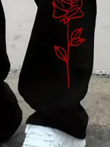 Resyla Men 紅黑配色冬季街頭風萬聖節男士秋季休閒長褲 英文字母星星圖案設計 時尚滑板風經典長褲 - 黑色 - 查看 4