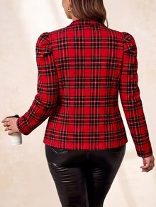 SHEIN Clasi Plus Size Autumn/Winter Long Sleeve Plaid Button Jacket - Burgundy - View 2