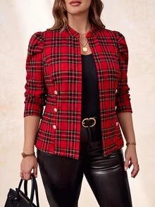 SHEIN Clasi Plus Size Autumn/Winter Long Sleeve Plaid Button Jacket - Burgundy - View 3