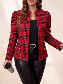 SHEIN Clasi Plus Size Autumn/Winter Long Sleeve Plaid Button Jacket - Burgundy - View 5