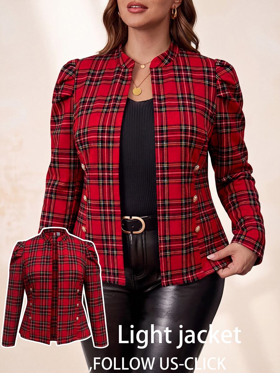SHEIN Clasi Plus Size Autumn/Winter Long Sleeve Plaid Button Jacket - Burgundy - View 1