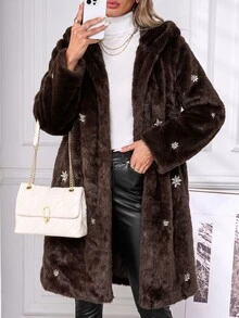 SHEIN Clasi معطف أنيق للحفلات والولائم من الفرو الصناعي المرصع بالراينستون مقاس كبير للخريف/الشتاء - بني - مشاهدة 11