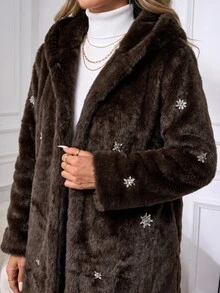 SHEIN Clasi معطف أنيق للحفلات والولائم من الفرو الصناعي المرصع بالراينستون مقاس كبير للخريف/الشتاء - بني - مشاهدة 3