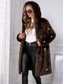 SHEIN Clasi معطف أنيق للحفلات والولائم من الفرو الصناعي المرصع بالراينستون مقاس كبير للخريف/الشتاء - بني - مشاهدة 9