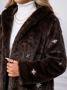 SHEIN Clasi معطف أنيق للحفلات والولائم من الفرو الصناعي المرصع بالراينستون مقاس كبير للخريف/الشتاء - بني - مشاهدة 7