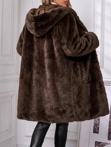 SHEIN Clasi معطف أنيق للحفلات والولائم من الفرو الصناعي المرصع بالراينستون مقاس كبير للخريف/الشتاء - بني - مشاهدة 2