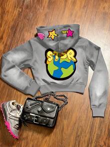 SHEIN Sparklyn TEEN Girls Hoodie Fall Clothes Fall/Winter Street-Style Graffiti-Print Hooded Jacket, Perfect For Outings - Grey - View 2