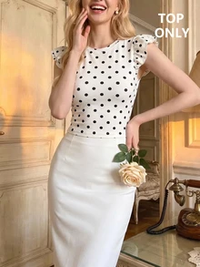 SHEIN MOD 女款圓領波點荷葉袖短版上衣，黑白配色，可愛休閒，2件組，適合外出、度假、返校季、秋季穿搭 - 黑與白 - 查看 12