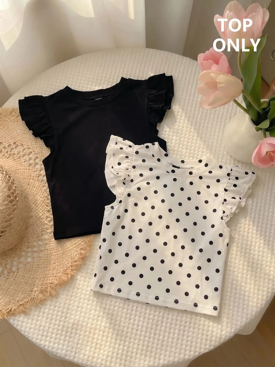 SHEIN MOD 女款圓領波點荷葉袖短版上衣,黑白配色,可愛休閒,2件組,適合外出、度假、返校季、秋季穿搭 - 黑與白 - 查看 1