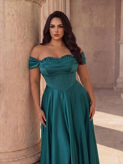 Coutiva Plus Size Women's Off-Shoulder Evening Gown Beaded Glitter Embellishments, Elegant Sophisticated Wedding Formal Party Teal Green Autumn