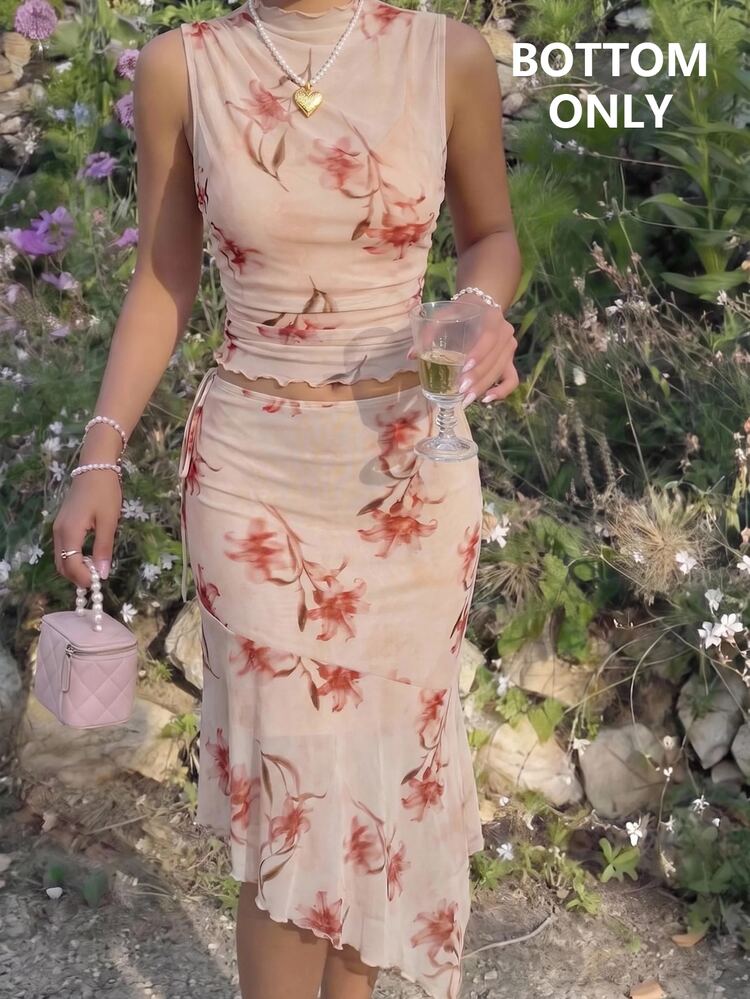 SHEIN MOD Women's Beige Blurred Floral Print Ruched Asymmetrical Hem Midi Skirt Garden Party Date Summer Romantic Cottage - Brown - View 11