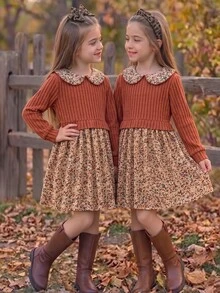 SHEIN Vintaside Kids 1pc Young Girl Patchwork Dress Sweet Rust Red Floral Ribbed Knit Peter Pan Collar Long Sleeve Regular Birthday Party Autumn Fall Princess Vintage - Coffee Brown - View 3