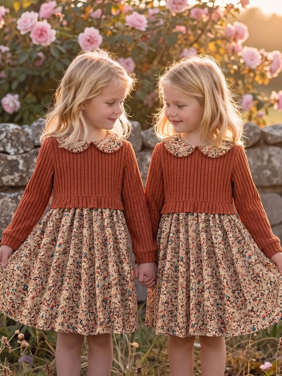 SHEIN Vintaside Kids 1pc Young Girl Patchwork Dress Sweet Rust Red Floral Ribbed Knit Peter Pan Collar Long Sleeve Regular Birthday Party Autumn Fall Princess Vintage - Coffee Brown - View 1