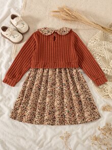 SHEIN Vintaside Kids 1pc Young Girl Patchwork Dress Sweet Rust Red Floral Ribbed Knit Peter Pan Collar Long Sleeve Regular Birthday Party Autumn Fall Princess Vintage - Coffee Brown - View 2