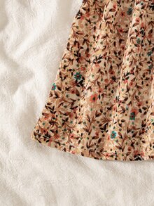 SHEIN Vintaside Kids 1pc Young Girl Patchwork Dress Sweet Rust Red Floral Ribbed Knit Peter Pan Collar Long Sleeve Regular Birthday Party Autumn Fall Princess Vintage - Coffee Brown - View 6