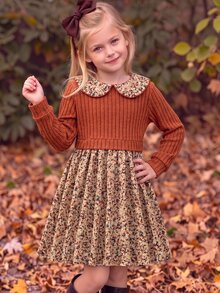 SHEIN Vintaside Kids 1pc Young Girl Patchwork Dress Sweet Rust Red Floral Ribbed Knit Peter Pan Collar Long Sleeve Regular Birthday Party Autumn Fall Princess Vintage - Coffee Brown - View 4
