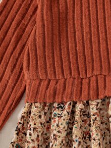 SHEIN Vintaside Kids 1pc Young Girl Patchwork Dress Sweet Rust Red Floral Ribbed Knit Peter Pan Collar Long Sleeve Regular Birthday Party Autumn Fall Princess Vintage - Coffee Brown - View 7