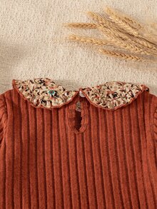 SHEIN Vintaside Kids 1pc Young Girl Patchwork Dress Sweet Rust Red Floral Ribbed Knit Peter Pan Collar Long Sleeve Regular Birthday Party Autumn Fall Princess Vintage - Coffee Brown - View 8
