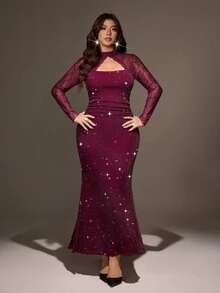 Viva Relle 歐美風女款大尺碼鏤空胸口蕾絲拼接修身緊身魚尾長洋裝，適合派對、約會、正式場合，秋季穿搭 - 酒紅色 - 查看 8