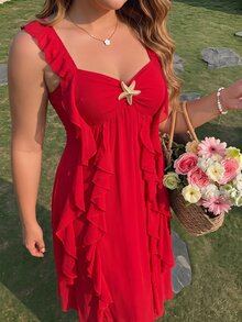 SHEIN MOD Plus Size Women Solid Color Metal Starfish Decor Ruffle Hem Casual Sexy Celestial Party Vacation Beach Dress Red Summer - Red - View 5