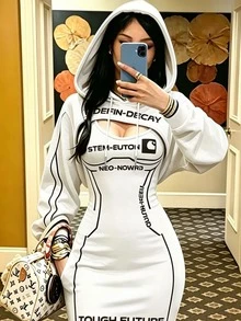Rovax Setelan 2 Potong Wanita: Hoodie Pendek dengan Motif Huruf dan Gaun - Putih - View 4