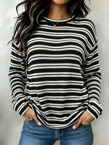 Vionelle 大尺碼羅紋彈性圓領長袖百搭休閒極簡百搭秋冬女款T恤 - 黑色 - 查看 3