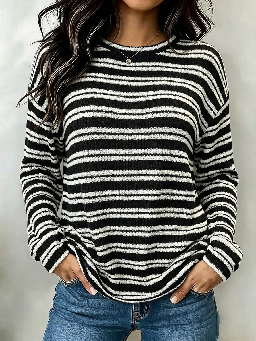 Vionelle Plus Size Ribbed Elastic Round Neck Long Sleeve Casual Minimalist Versatile Autumn/Winter Women's T-Shirt Formal Home Wear Ribbed Brushed T-Shirt - Black - View 1