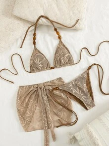 Swim Vcay 3pcs/Set Summer Vacation Sexy Pearl Halter Backless Triangle Bikini Set With Drawstring And Tie-Up Mini Skirt - Brown - View 1