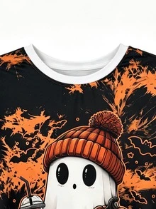 Lalippa Plus Size Women Cute Halloween Pattern T-Shirt, With Pumpkin And Coffee Design, Cute Gothic Style Top, Suitable For Autumn Quirky Outfits - Multicolor - View 4