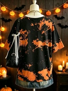 Lalippa Plus Size Women Cute Halloween Pattern T-Shirt, With Pumpkin And Coffee Design, Cute Gothic Style Top, Suitable For Autumn Quirky Outfits - Multicolor - View 2