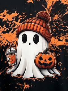 Lalippa Plus Size Women Cute Halloween Pattern T-Shirt, With Pumpkin And Coffee Design, Cute Gothic Style Top, Suitable For Autumn Quirky Outfits - Multicolor - View 3