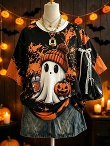 Lalippa Plus Size Women Cute Halloween Pattern T-Shirt, With Pumpkin And Coffee Design, Cute Gothic Style Top, Suitable For Autumn Quirky Outfits - Multicolor - View 1