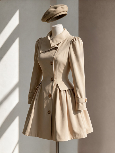 Fine & Folde Autumn/Winter Holiday Travel Minimalist Elegant Waist-Cinching Pleated Skirt Hem Lapel Long Sleeve Trench Coat Dress, Solid Light Khaki Short Trench Coat Dress, Romantic Exquisite Women's Trench Coat Jacket
